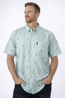 Men's XL Button Down Short Sleeve Shirt Pink Flamingo Casual Coastal Beach Boho